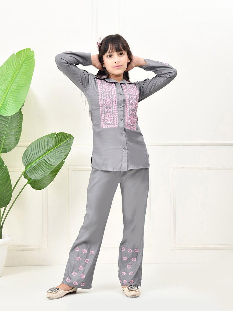 Cotton Woven Grey Top & Pant Set for Girls